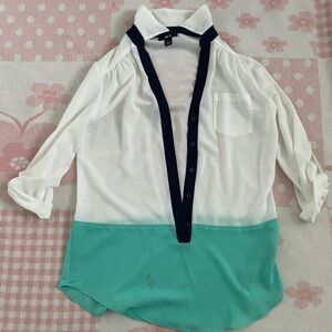 BCX White with Teal and Navy Contrast Button Up Sheer Blouse Size M